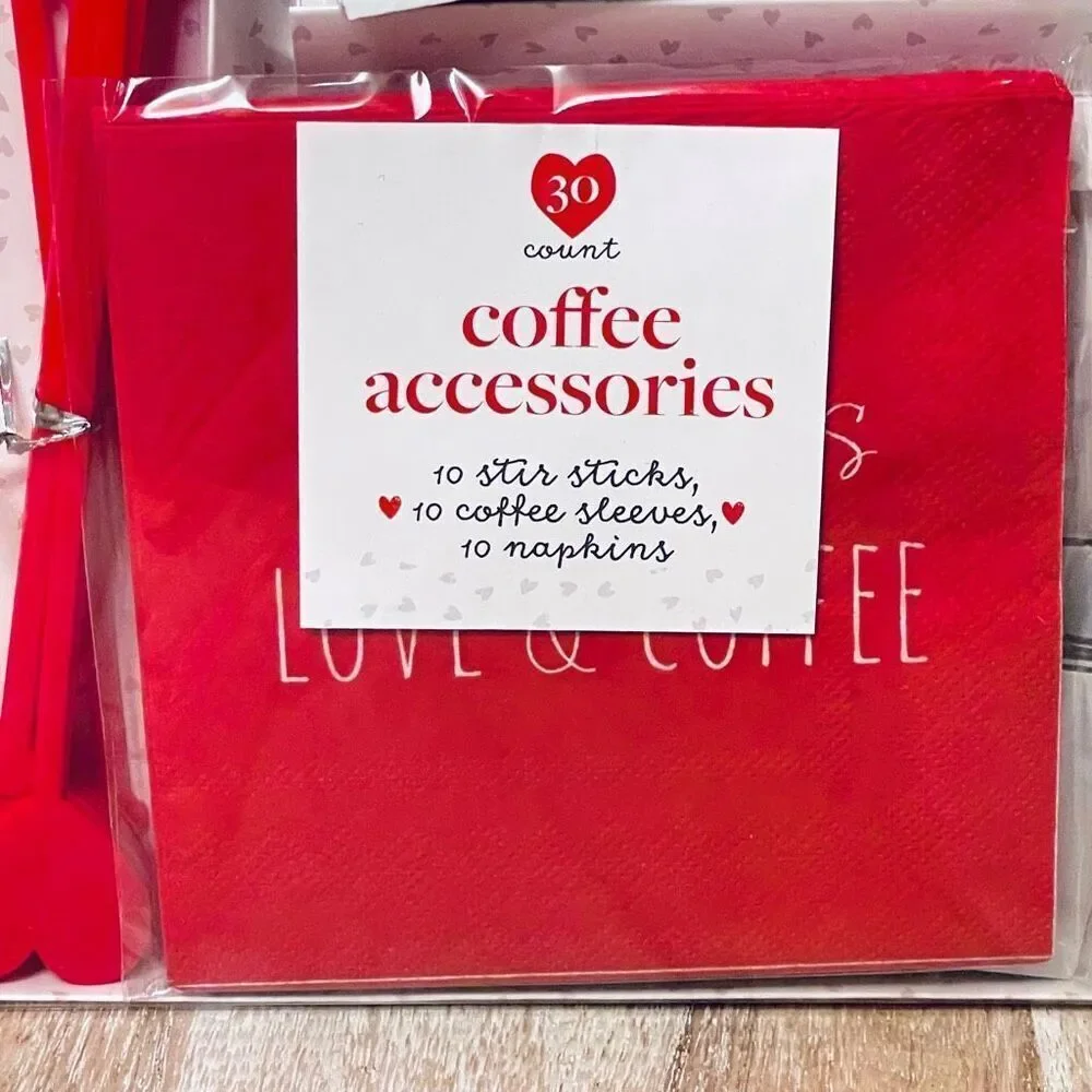 NWT 30 pc Red Set coffee accessories 10 stir sticks,10 coffee sleeves,10 napkins